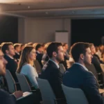 Engagerade medarbetare lyssnar uppmärksamt på en presentation under företagets kickoff.